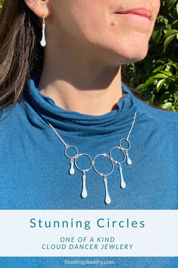 Stunning circles and cloudy white teardrops come together in this one of a kind jewelry inspired by the 2026 Pantone color of the year