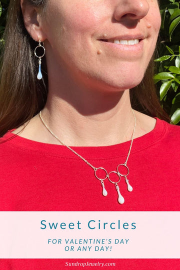 Sweet circles and white glass teardrop necklace is perfect for Valentine's Day or any day of the year!