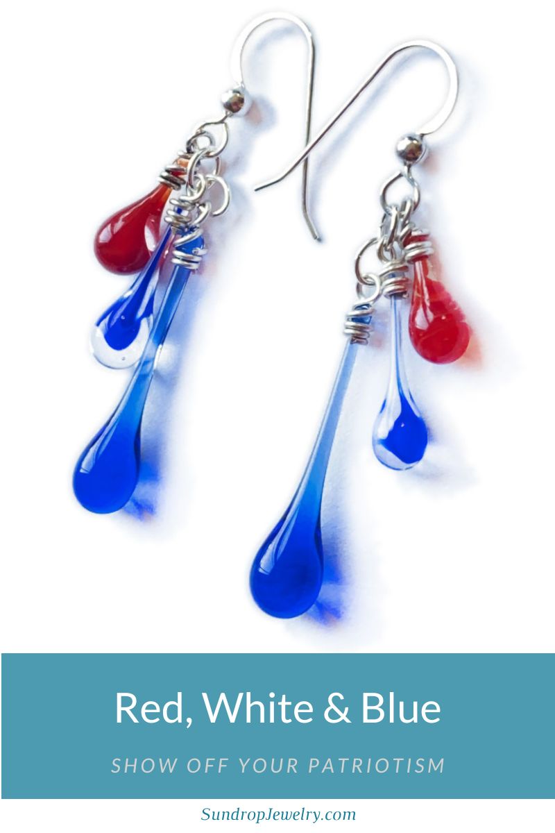 Show off your patriotism with Red, White, and Blue sun-melted glass earrings and necklaces by Sundrop Jewelry