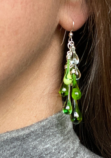 New spring green earrings - a large dangling cluster of green glass teardrops perfect for St. Patrick's Day!