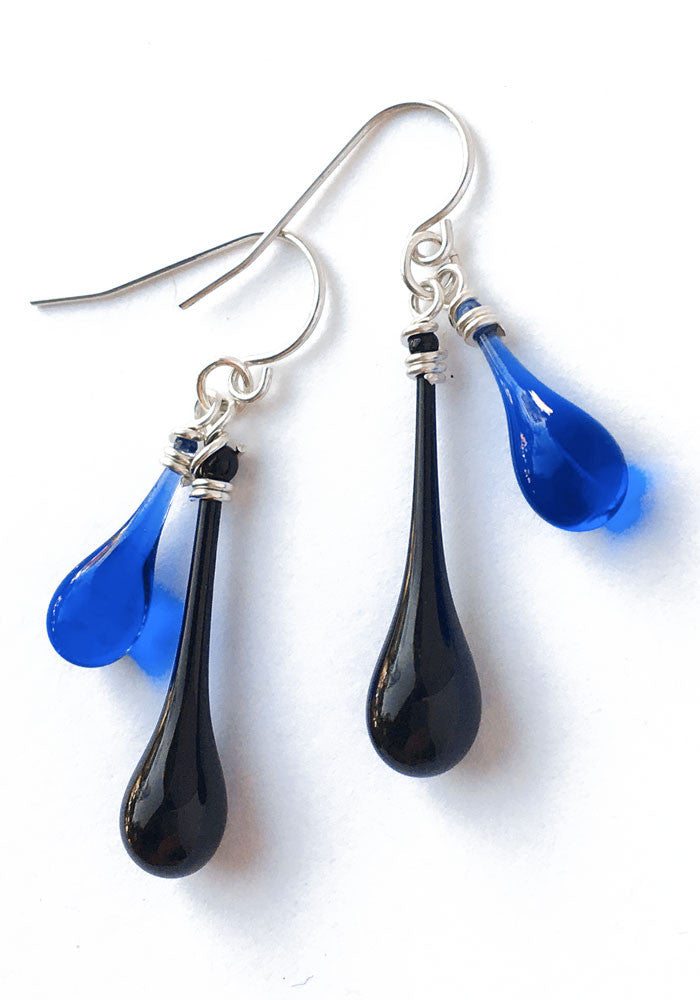 Black & Cobalt Duet Earrings - glass Earrings by Sundrop Jewelry