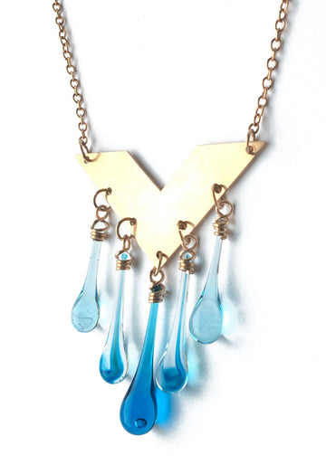 Bronze Chevron Necklace - Aqua - glass Necklace by Sundrop Jewelry